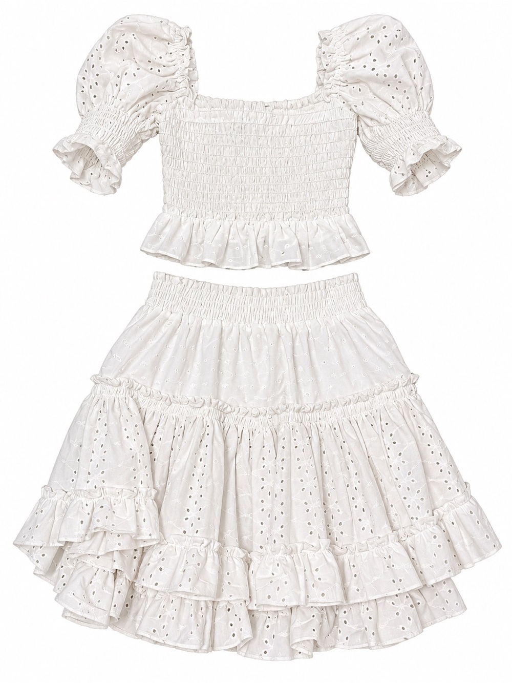 Misa Los Angeles White Eyelet Smocked Puff Sleeve Two-Piece